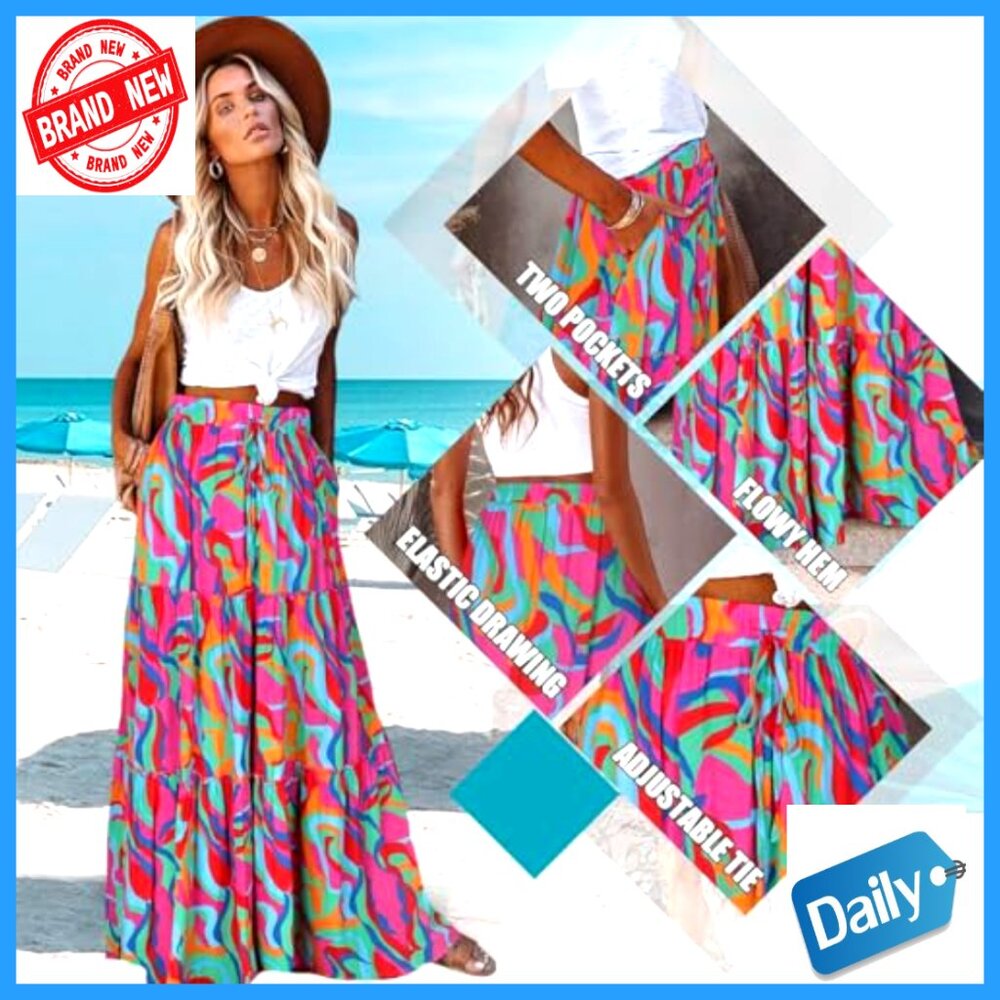 Maxi Skirt with Pockets High Waist Flowy Long Boho Casual Beach Vacation - Picture 6 of 7